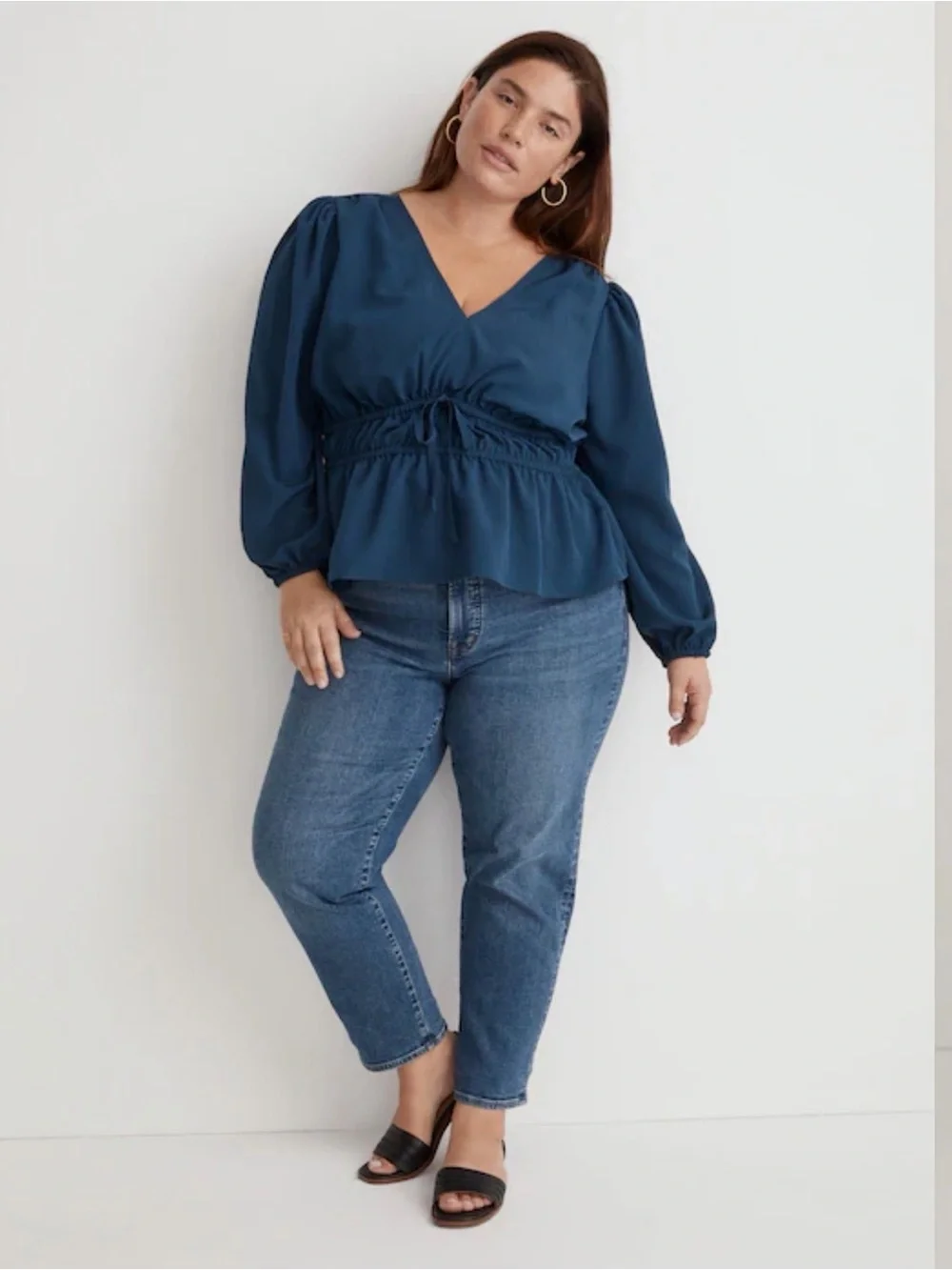 Madewell Navy Blue Seersucker V-Neck Drawstring Peplum Blouse